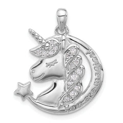 Sterling Silver Rh-plated Polished CZ Unicorn YOU ARE MAGICAL Pendant