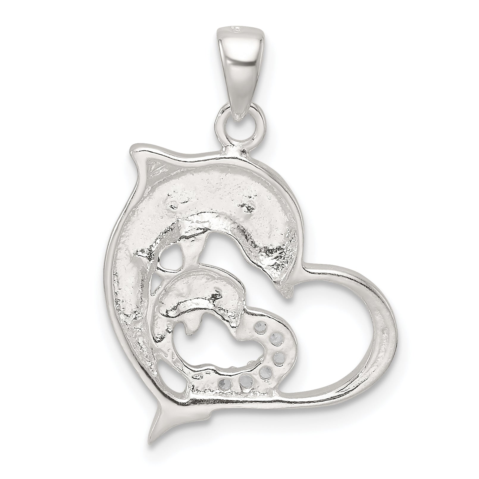 Sterling Silver Rose-tone Polished CZ Dolphin Heart Pendant