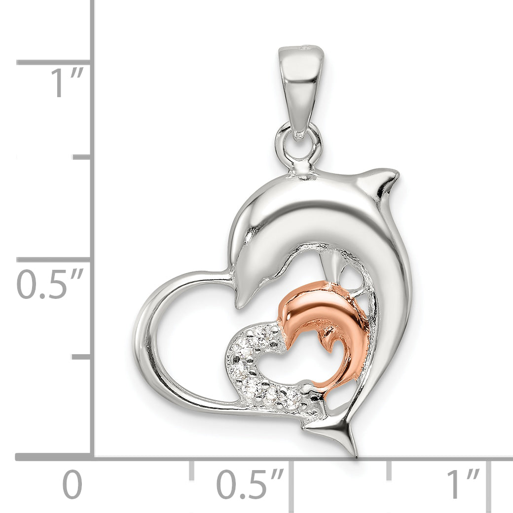 Sterling Silver Rose-tone Polished CZ Dolphin Heart Pendant