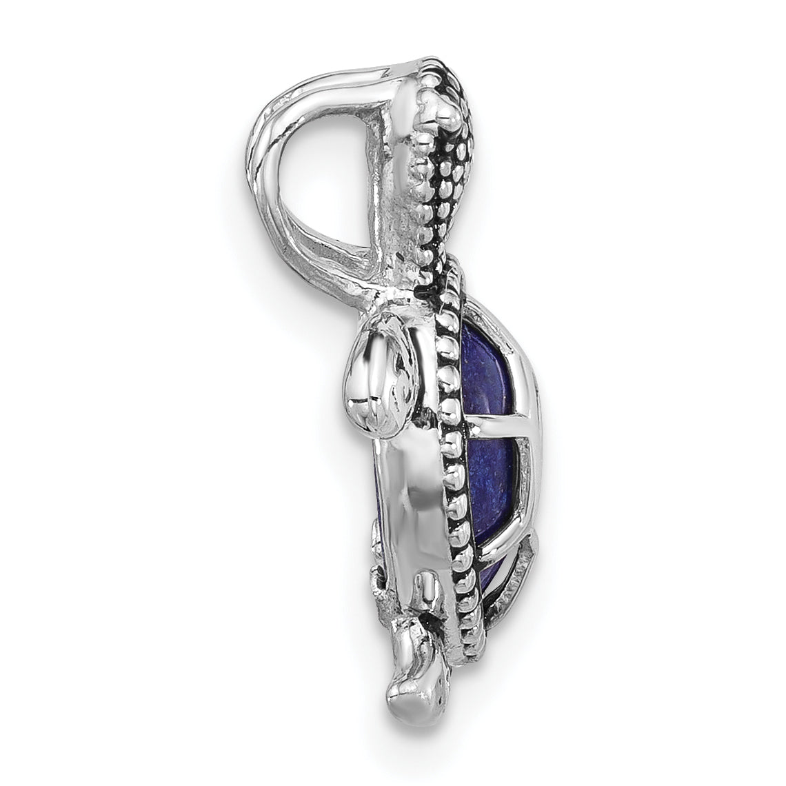 Sterling Silver Rh-plated Polished and Antiqued Lapis Turtle Chain Slide