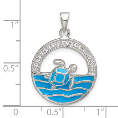 Sterling Silver Polished Blue Enamel and CZ Sea Turtle Circle Pendant