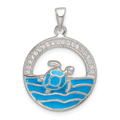 Sterling Silver Polished Blue Enamel and CZ Sea Turtle Circle Pendant