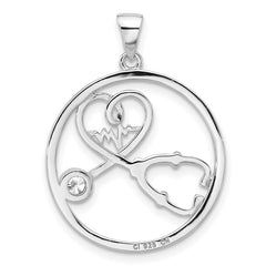 Sterling Silver Rhod-plated with CZ Stethoscope and Heartbeat Pendant