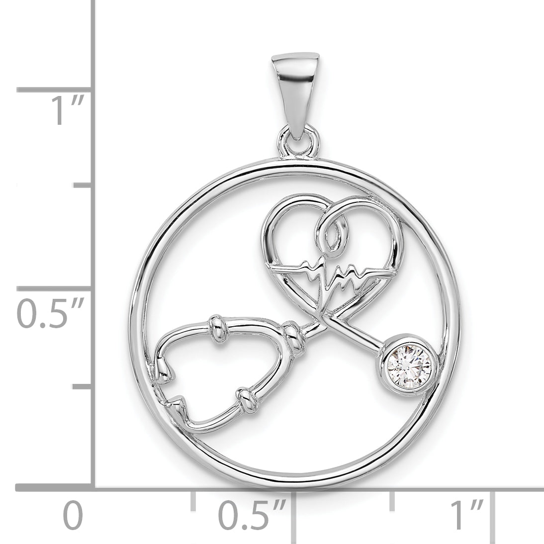 Sterling Silver Rhod-plated with CZ Stethoscope and Heartbeat Pendant