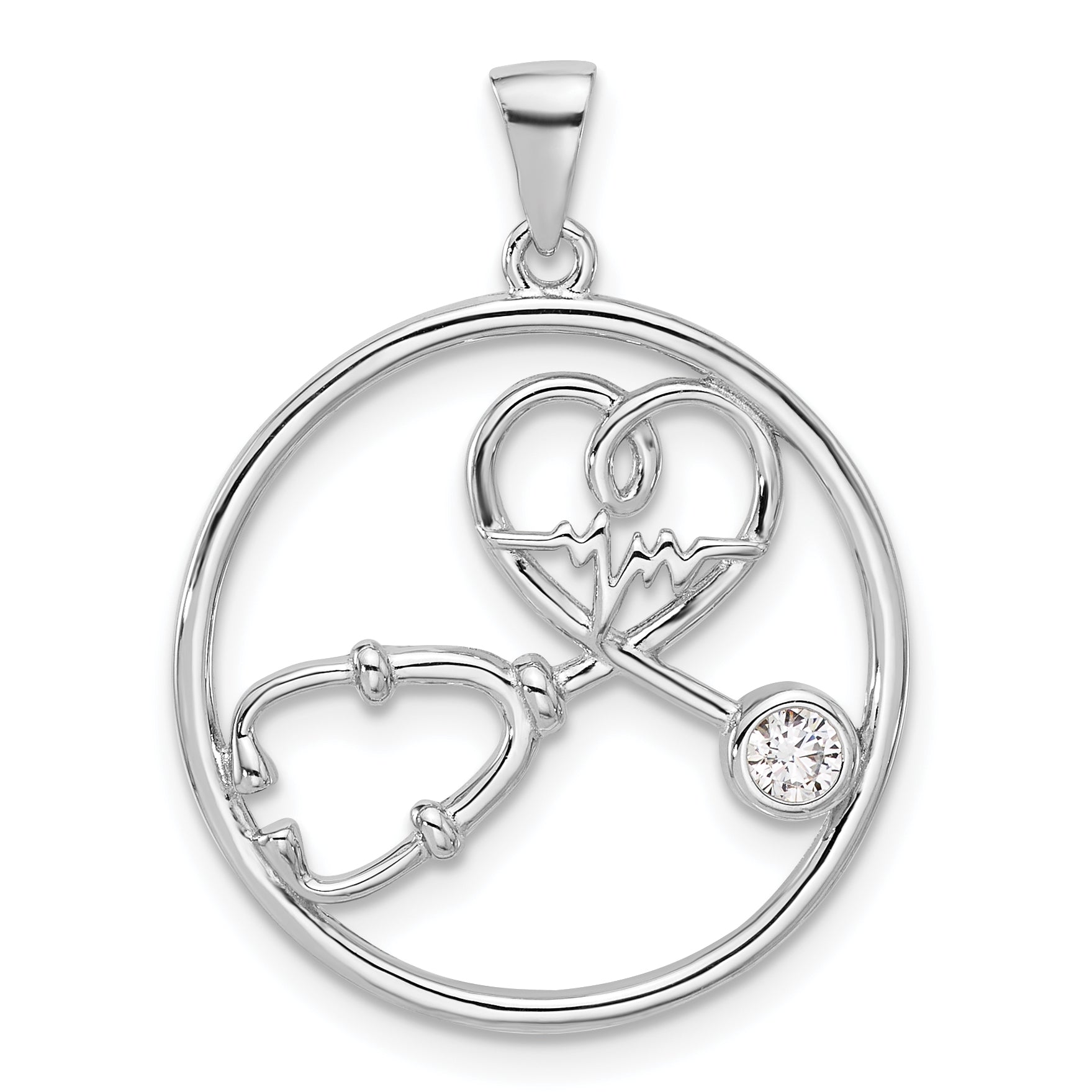 Sterling Silver Rhod-plated with CZ Stethoscope and Heartbeat Pendant