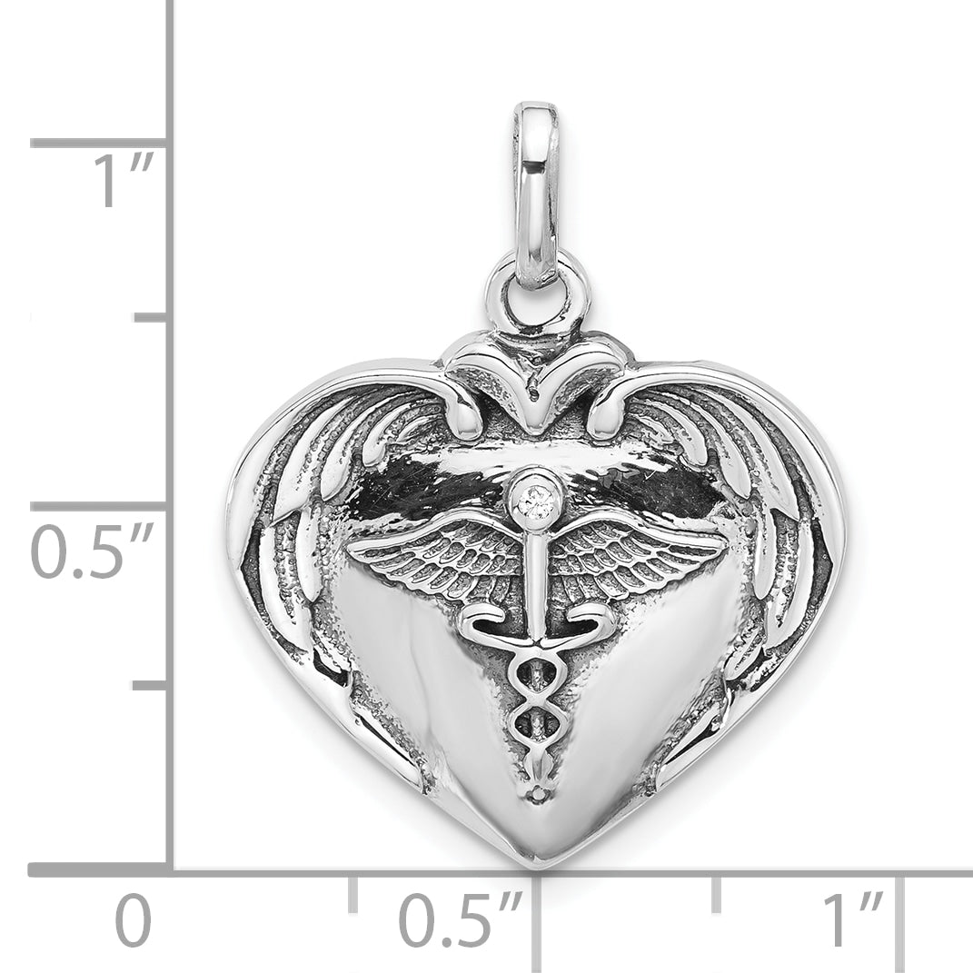 Sterling Silver Rh-plated Caduceus Heart and Wings CZ Oxidized Pendant