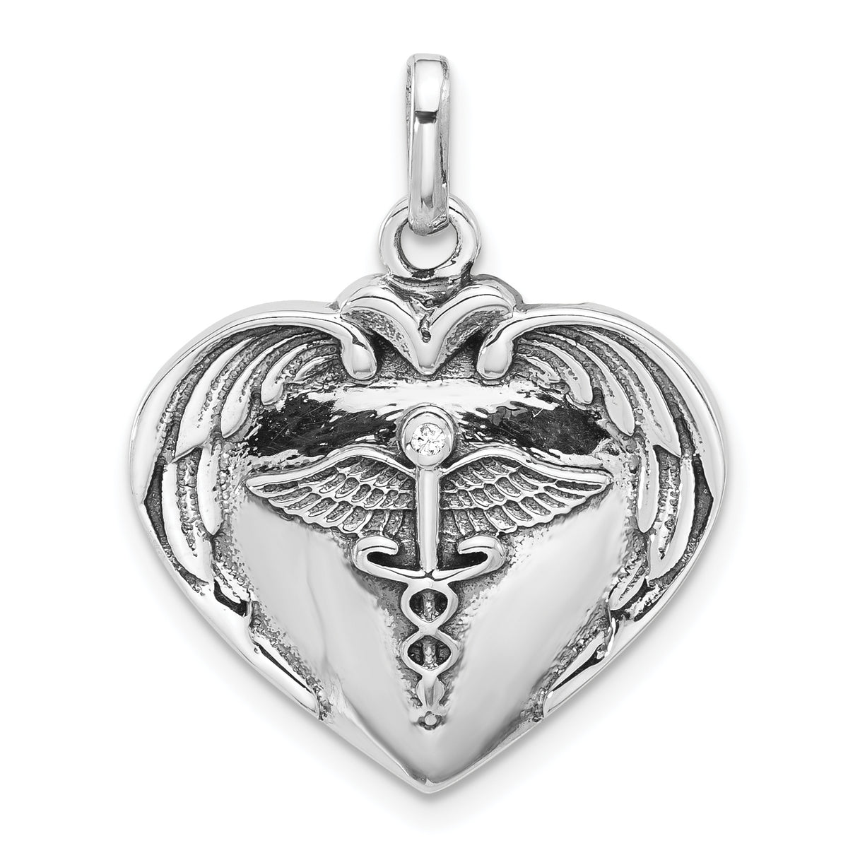 Sterling Silver Rh-plated Caduceus Heart and Wings CZ Oxidized Pendant