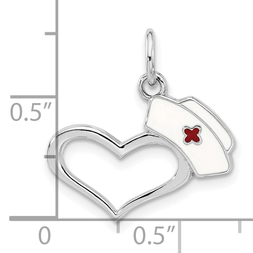 Sterling Silver Rhodium-plated Enameled Nurses Hat with Heart Pendant