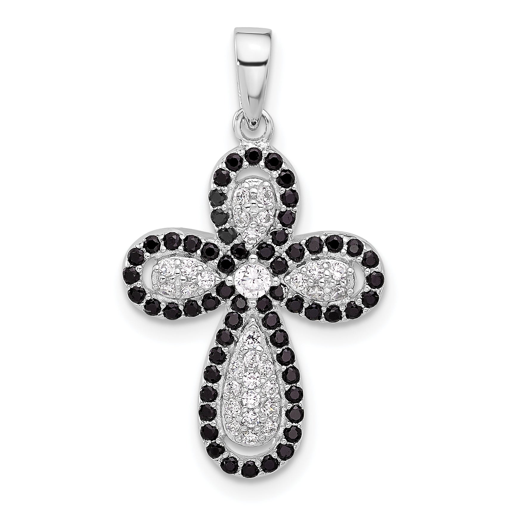 Sterling Silver Rhodium-plated Black and White CZ Cross Pendant