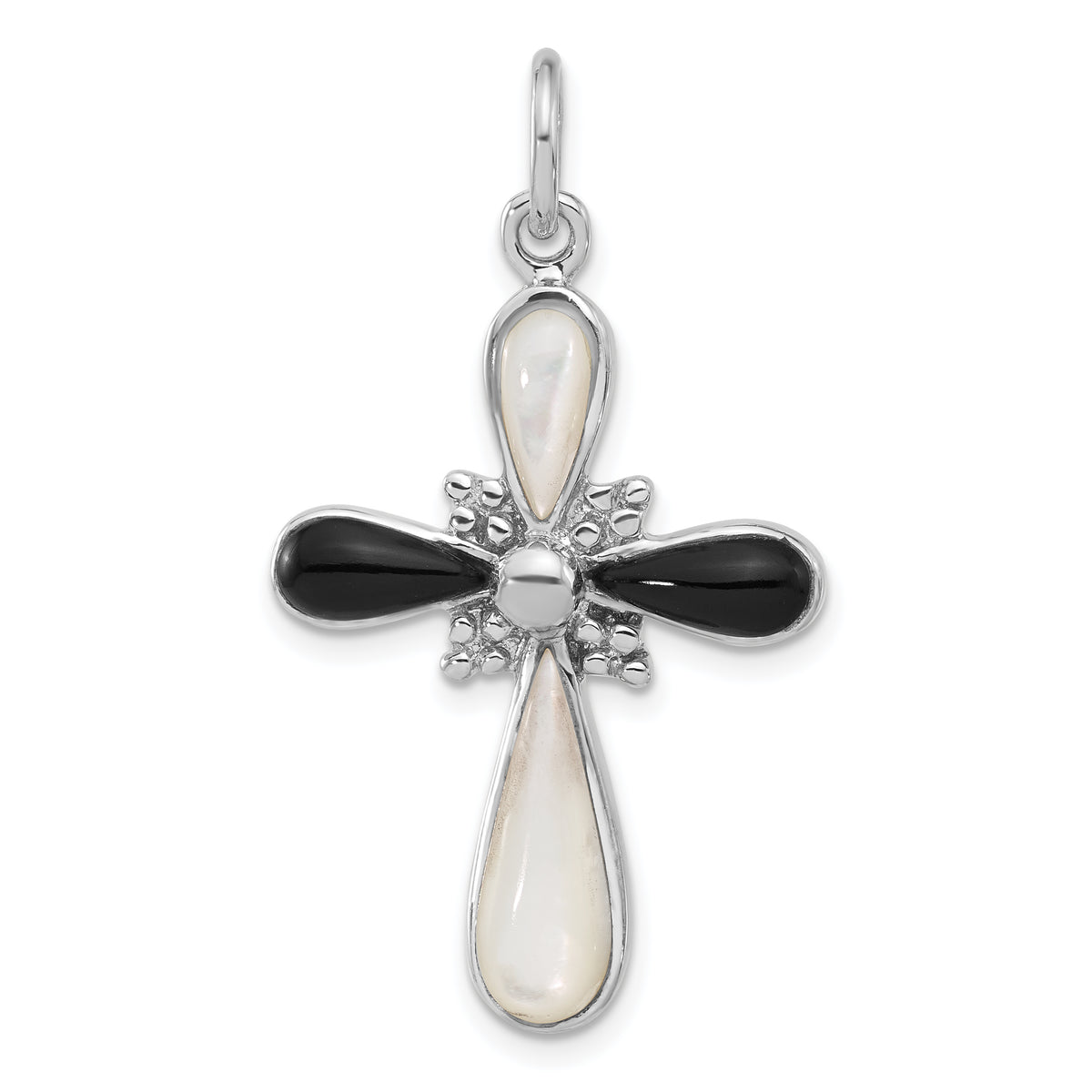 Sterling Silver Rhod-plated Black / White Mother of Pearl Cross Pendant