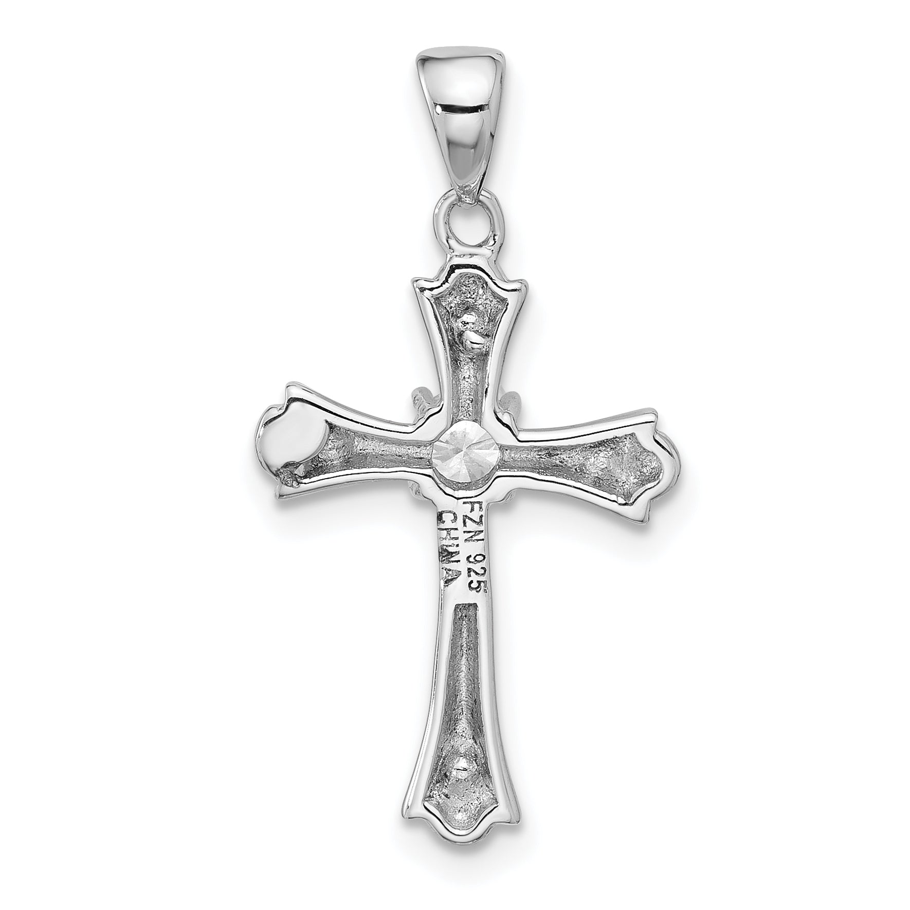 Sterling Silver Rhodium-plated CZ Budded Cross Pendant