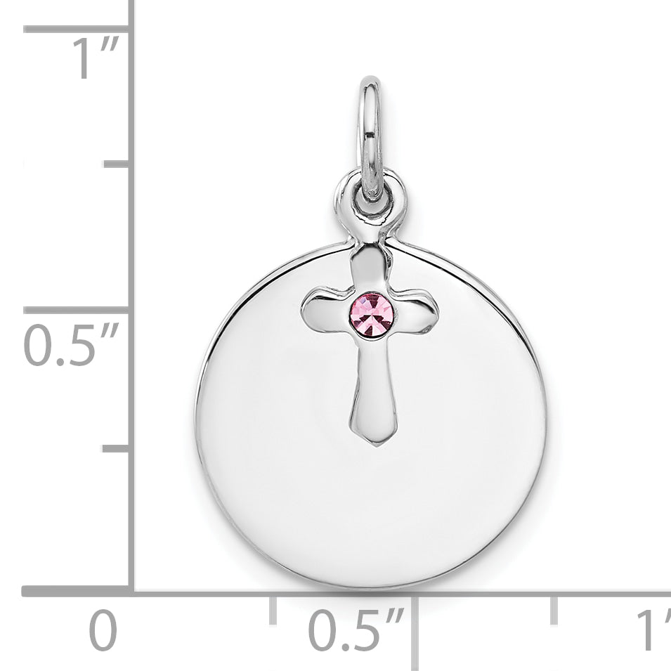 SS Rhodium-plated Circle Disk and Cross with Pink Crystal Pendant