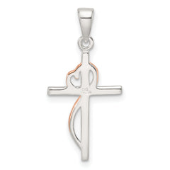 Sterling Silver Rose-tone Polished CZ Heart Cross Pendant