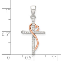 Sterling Silver Rose-tone Polished CZ Heart Cross Pendant