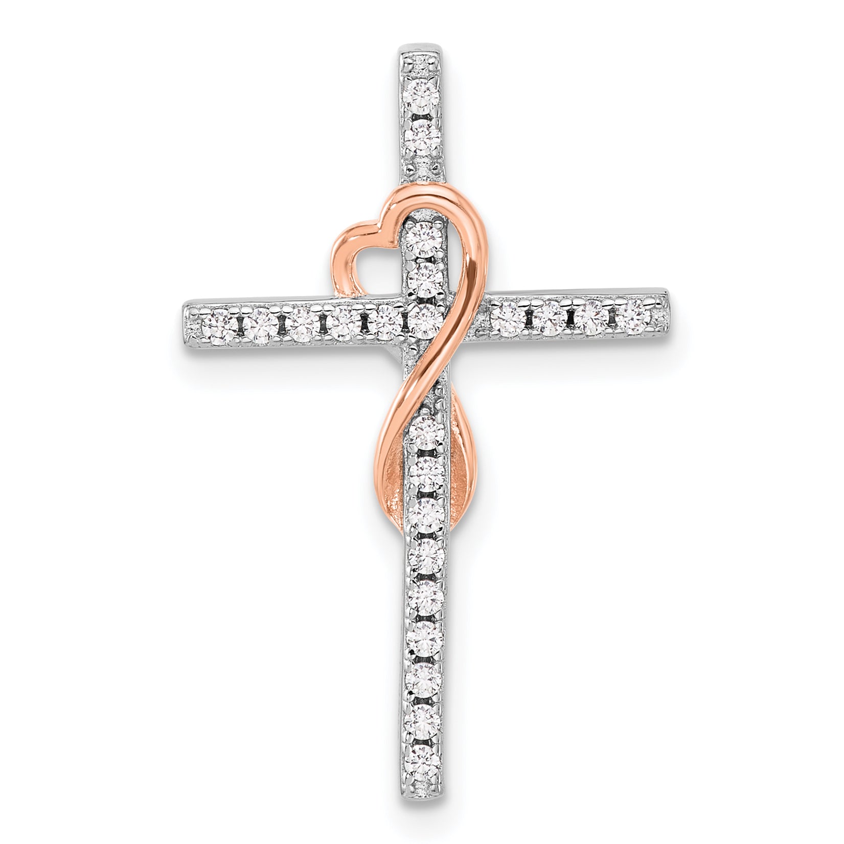 Sterling Silver Rhod-plated Rose-tone CZ Cross/Heart Infinity Chain Slide