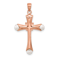 Sterling Silver Rose-tone Heart CZ and Synthetic Pearl Cross Pendant