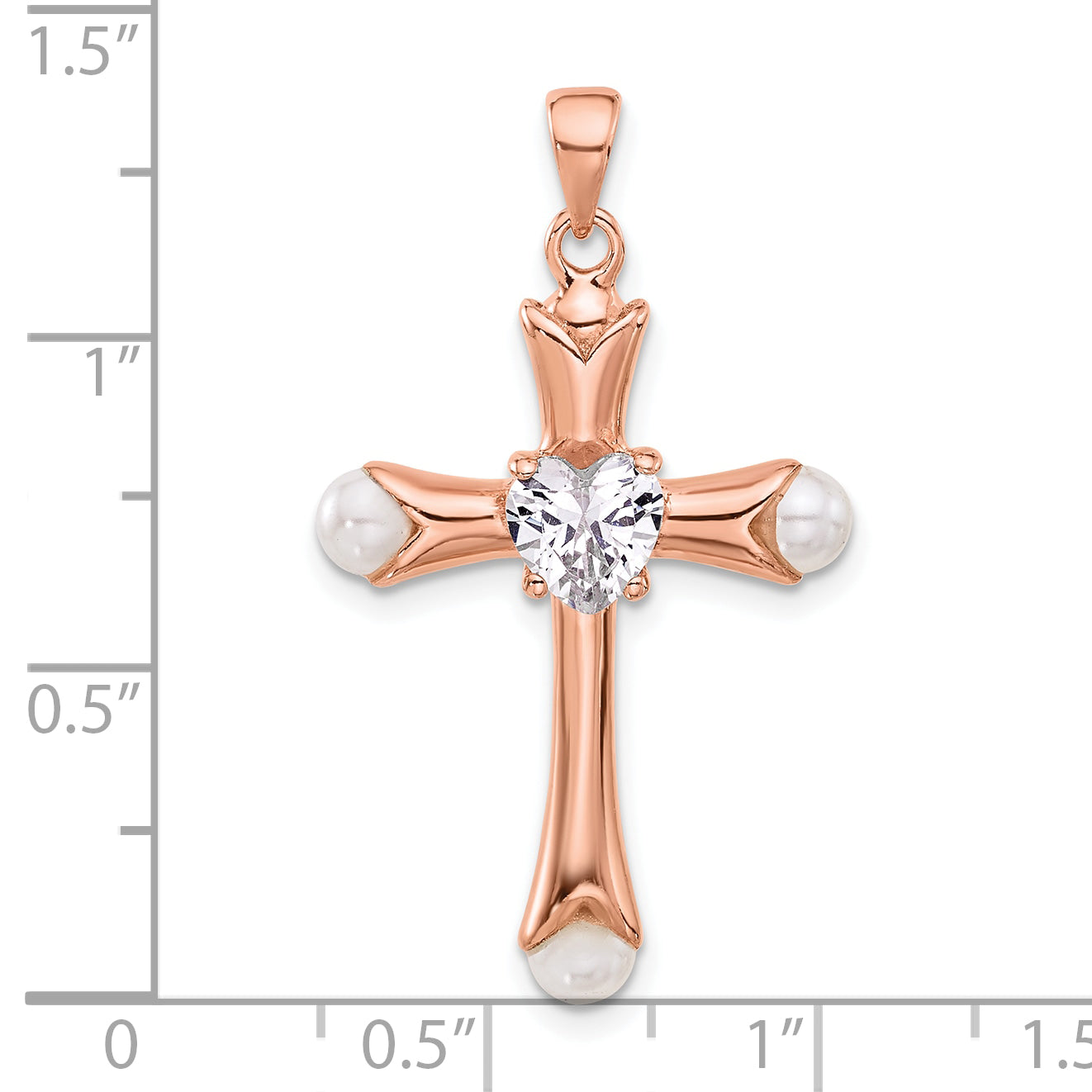 Sterling Silver Rose-tone Heart CZ and Synthetic Pearl Cross Pendant