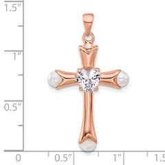 Sterling Silver Rose-tone Heart CZ and Synthetic Pearl Cross Pendant