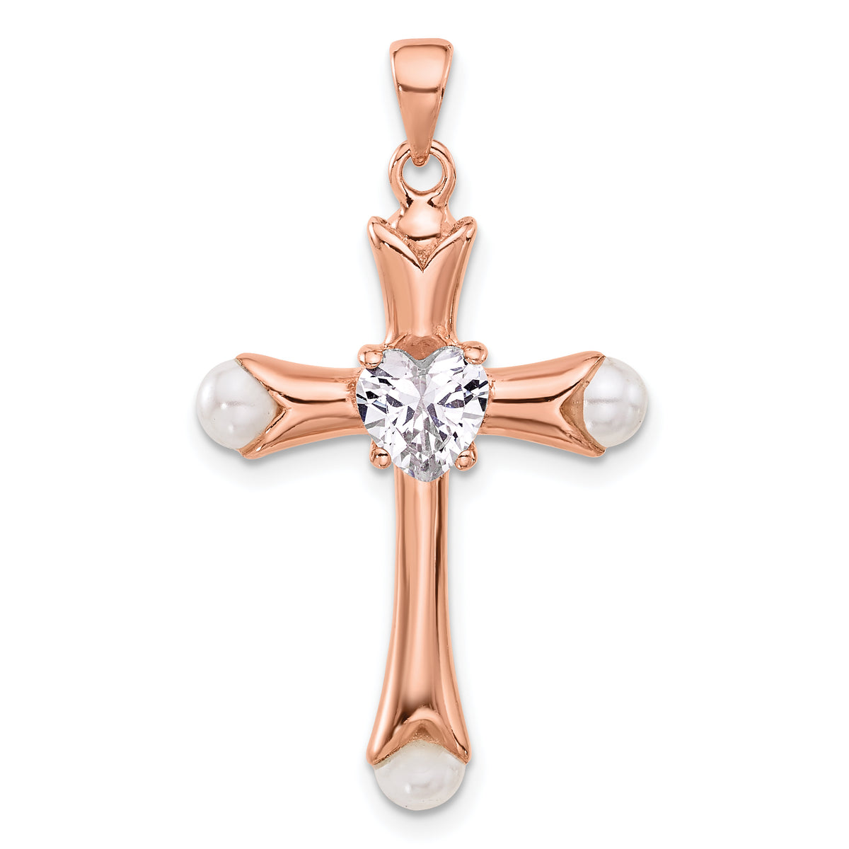 Sterling Silver Rose-tone Heart CZ and Synthetic Pearl Cross Pendant