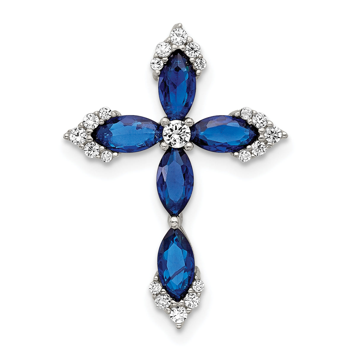 SS Flash Platinum-plated Synthetic Blue Spinel and CZ Cross Chain