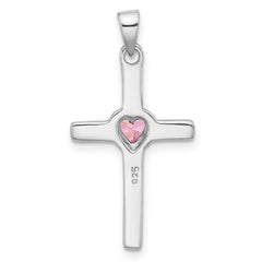 Sterling Silver Rhodium-plated Pink Heart CZ Cross Pendant