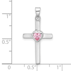 Sterling Silver Rhodium-plated Pink Heart CZ Cross Pendant