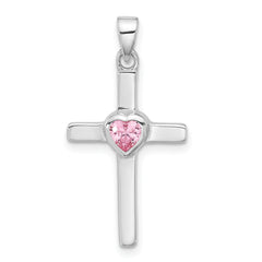 Sterling Silver Rhodium-plated Pink Heart CZ Cross Pendant