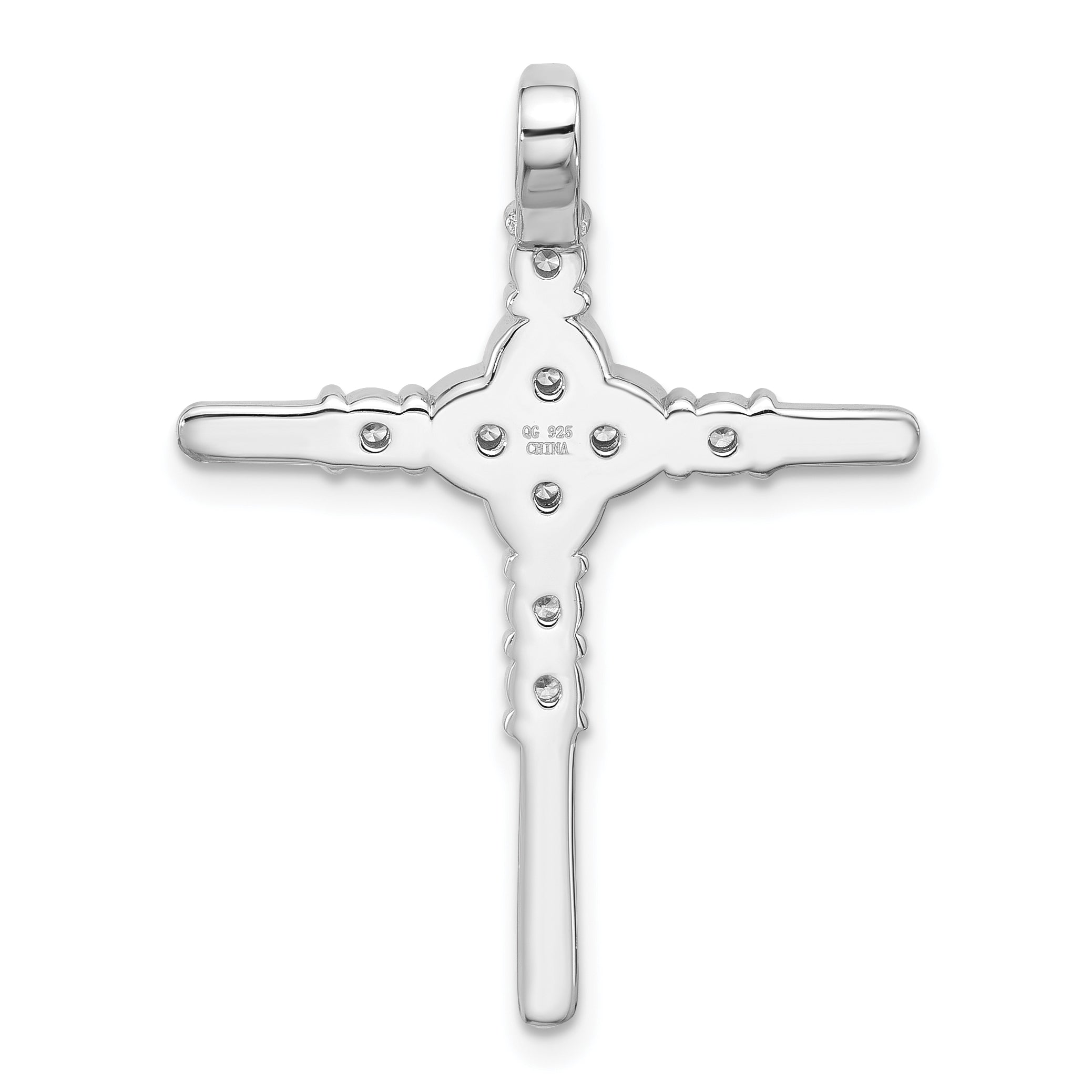 Sterling Silver Rhodium-plated Polished Flower CZ Cross Chain Slide