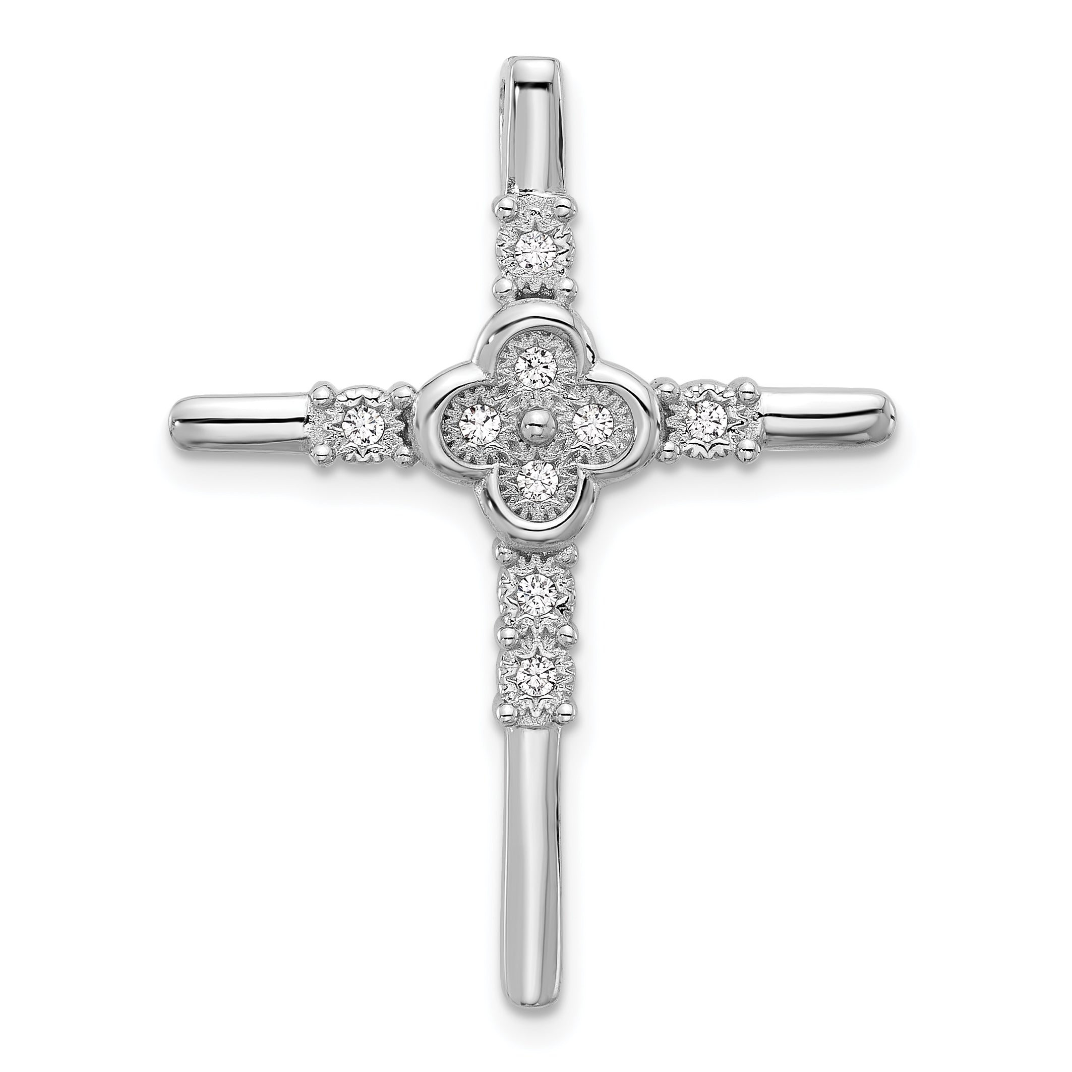 Sterling Silver Rhodium-plated Polished Flower CZ Cross Chain Slide