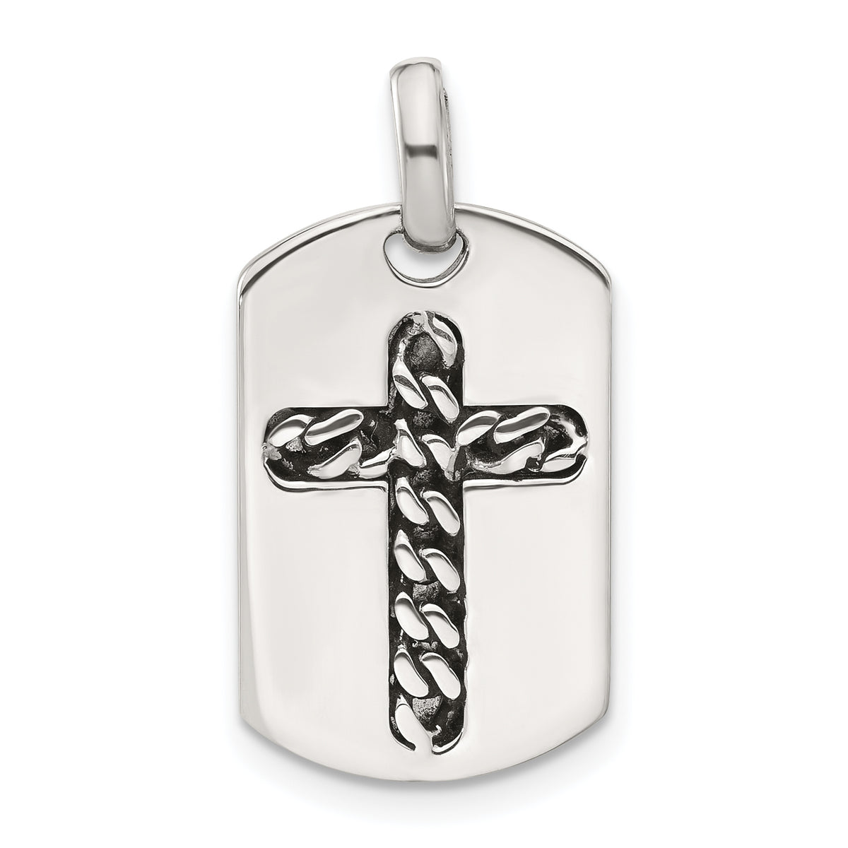 Sterling Silver Antiqued Chain Inlay Cross Dog Tag