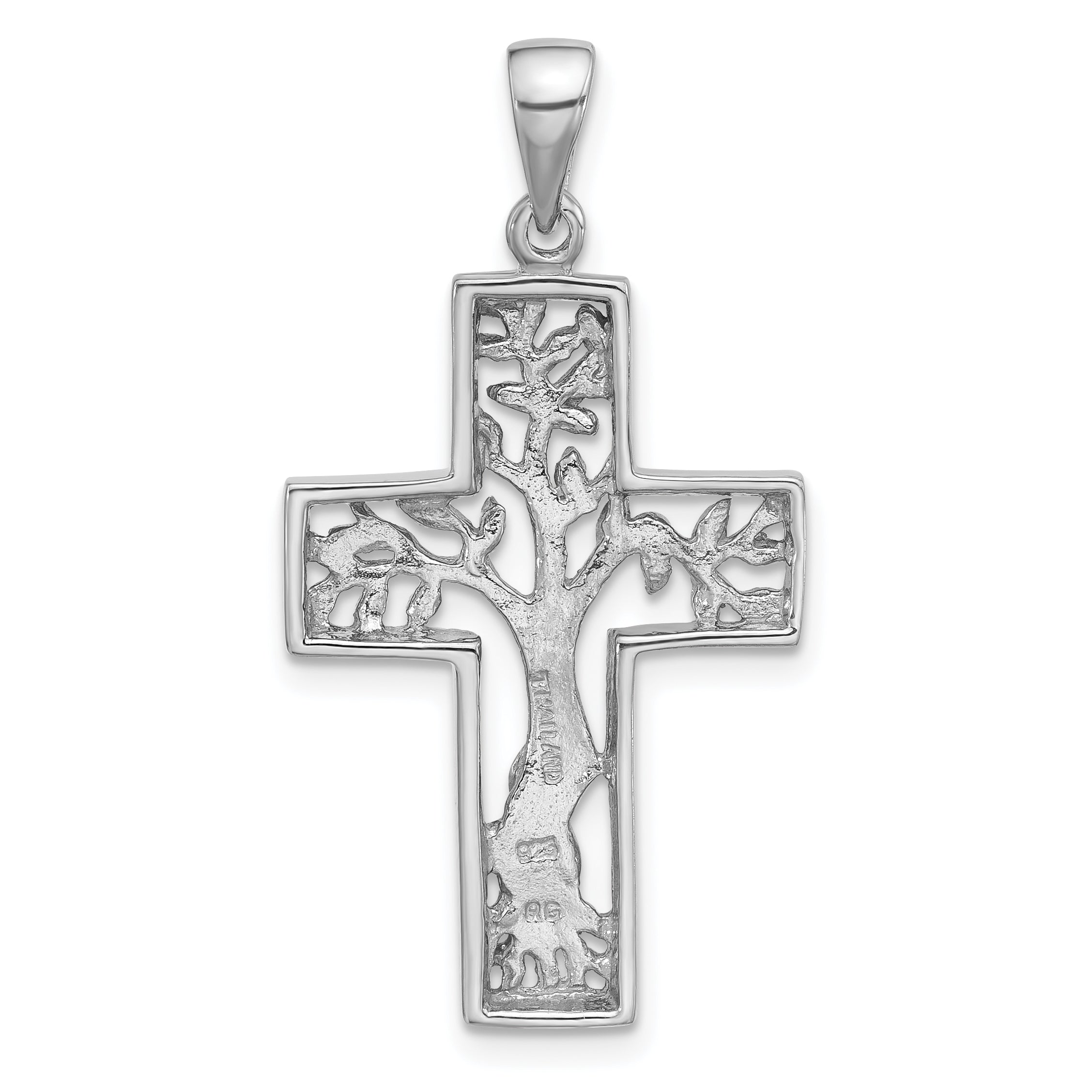 Sterling Silver Rhodium-Plated Polished Tree in Cross Pendant