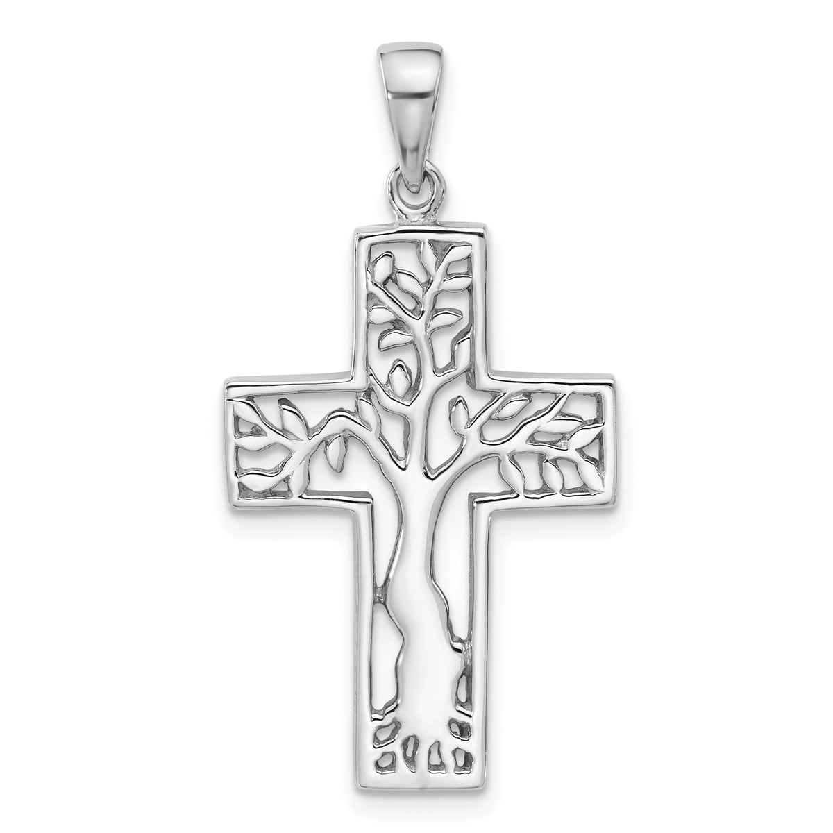 Sterling Silver Rhodium-Plated Polished Tree in Cross Pendant