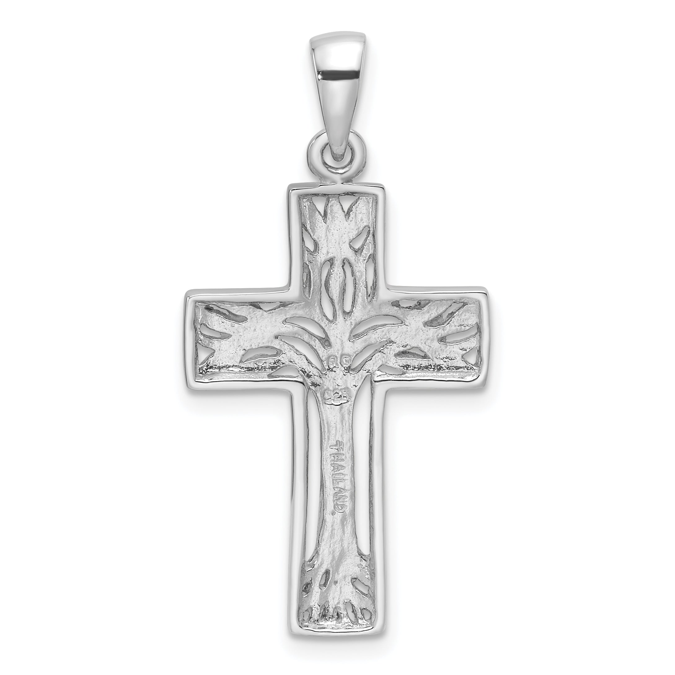 Sterling Silver Rhodium-Plated Polished Cross with Tree Pendant