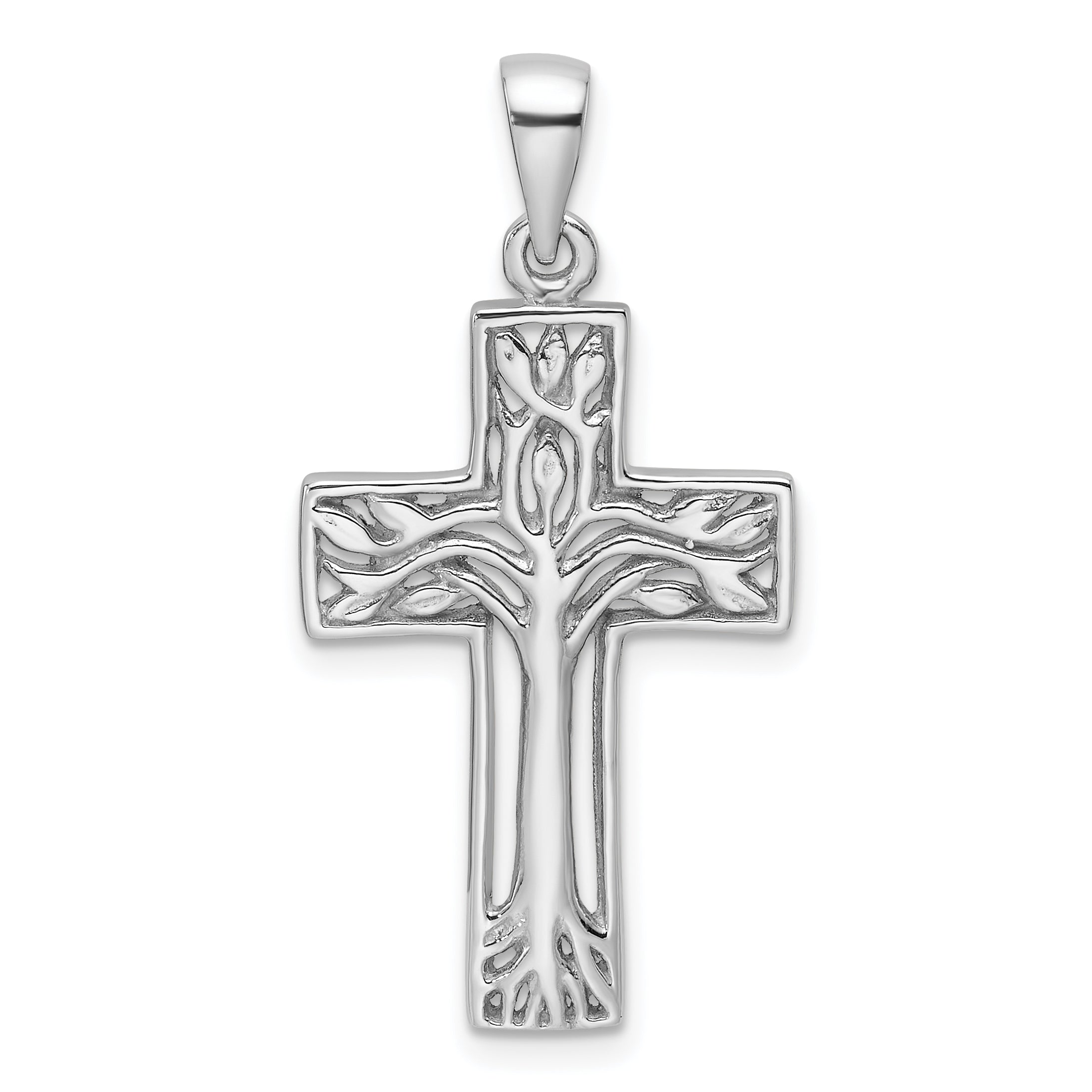 Sterling Silver Rhodium-Plated Polished Cross with Tree Pendant