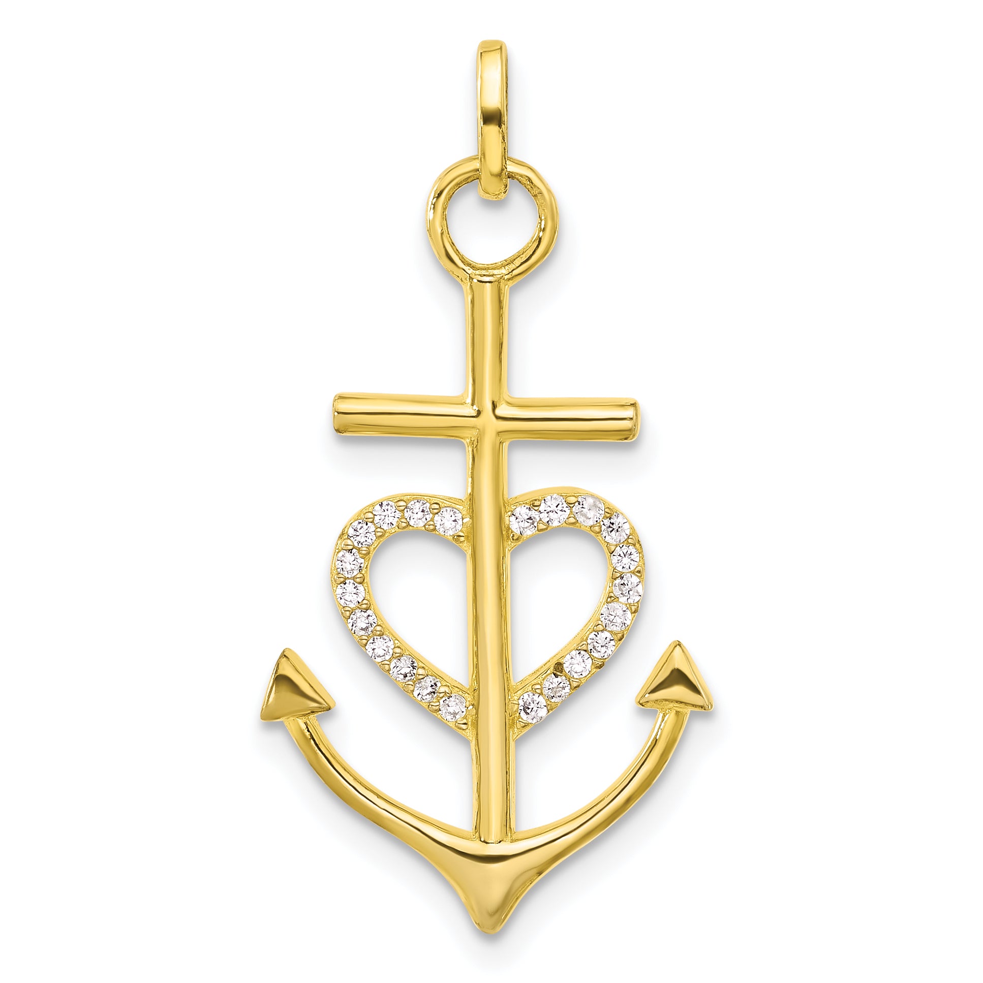 Sterling Silver Gold-tone Cross CZ Heart Anchor Pendant