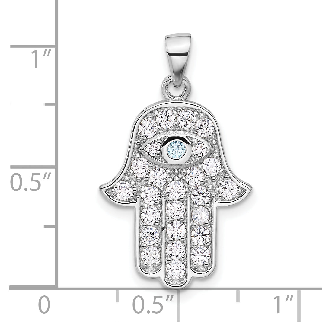 Sterling Silver Rhodium-plated Blue and White CZ Hamsa Eye Pendant