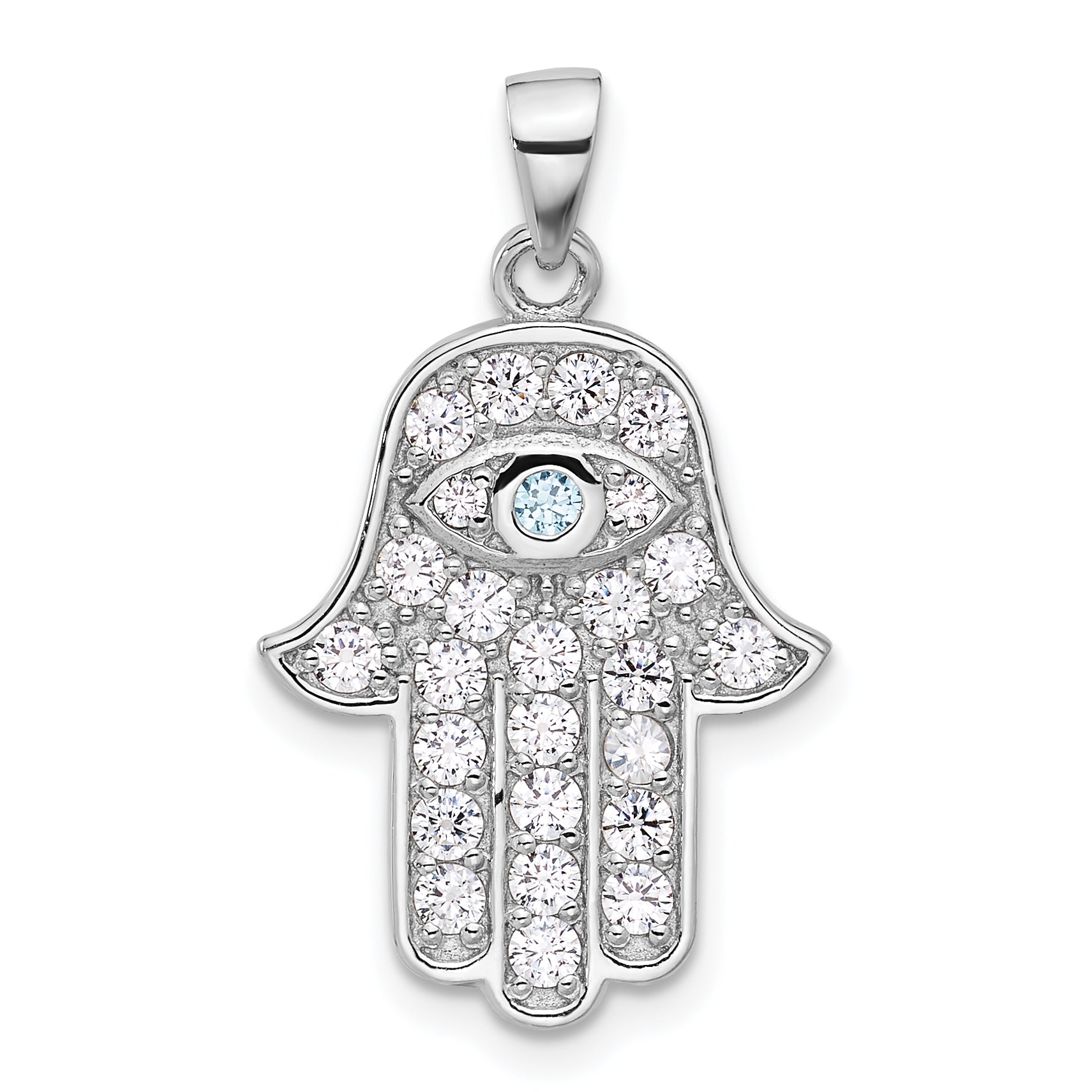 Sterling Silver Rhodium-plated Blue and White CZ Hamsa Eye Pendant