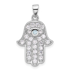 Sterling Silver Rhodium-plated Blue and White CZ Hamsa Eye Pendant