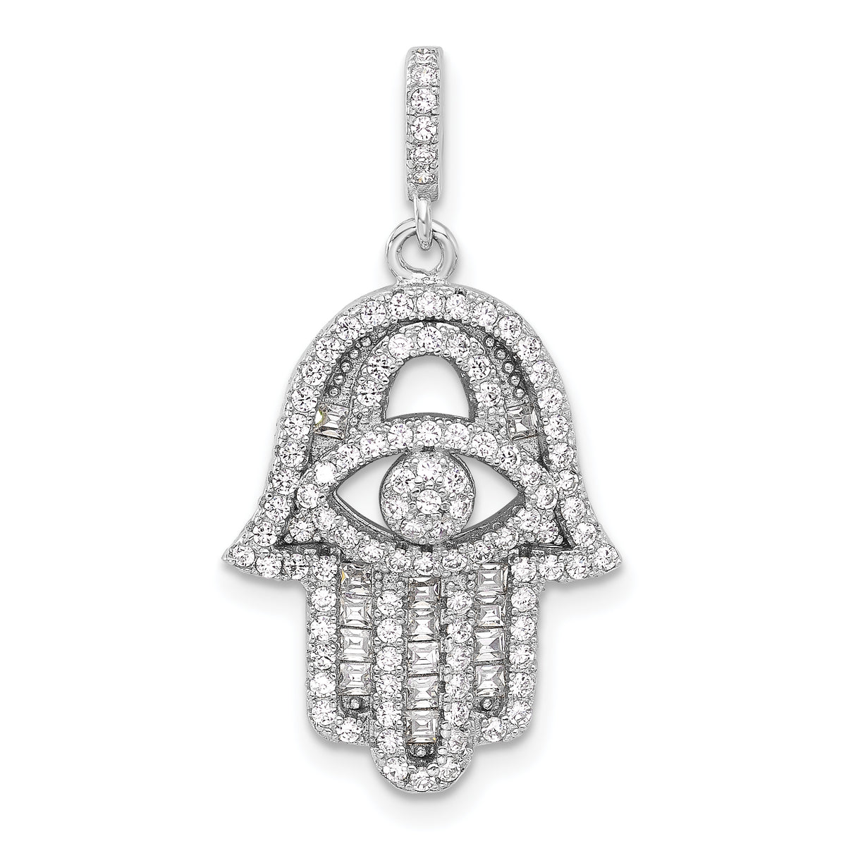 Sterling Silver Rhodium-plated CZ Evil Eye Hamsa Pendant