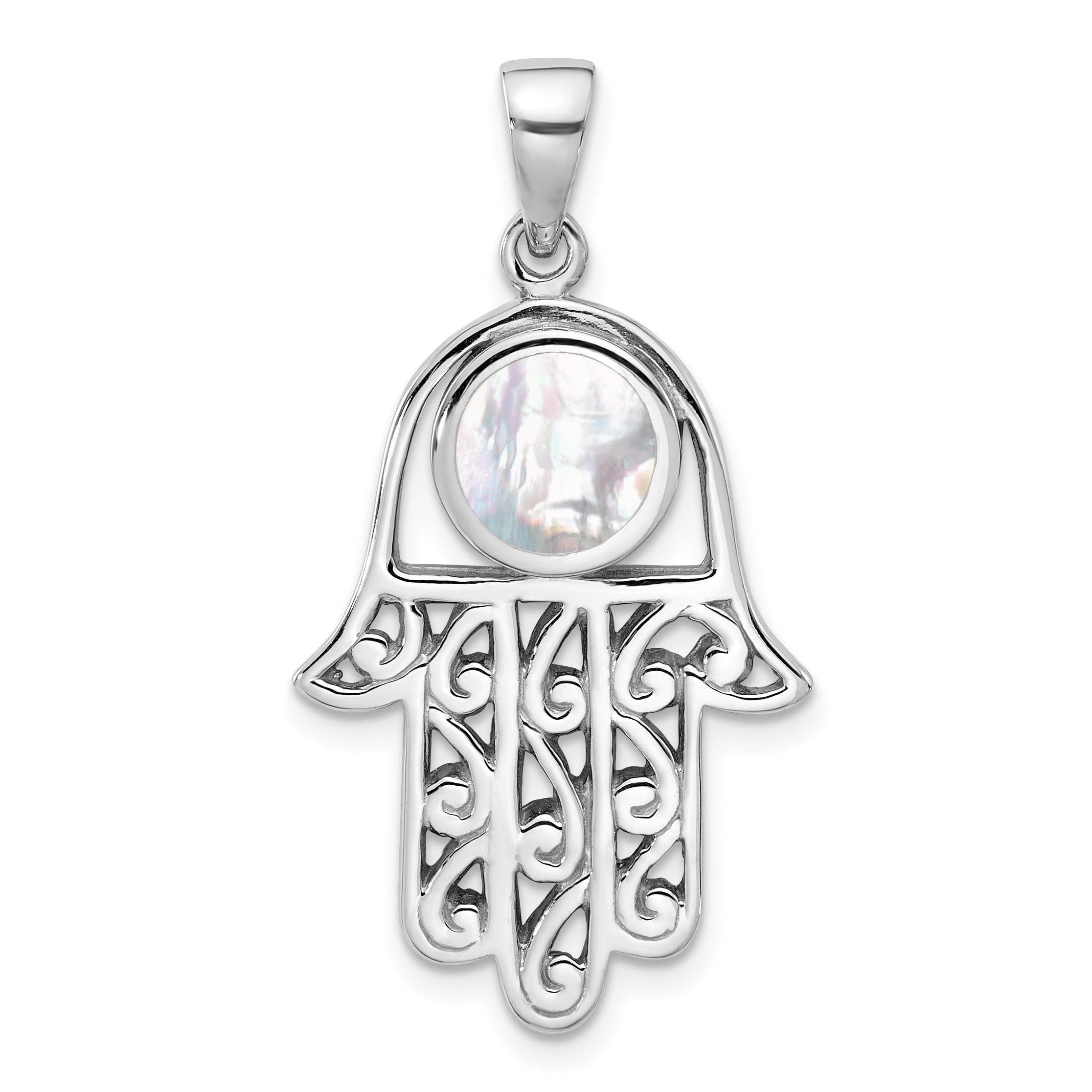 Sterling Silver Rhodium-Plated Polished Mother of Pearl Hamsa Pendant