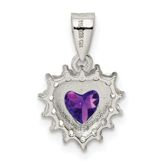 Sterling Silver Rhodium-Plated Amethyst Heart Pendant with CZ Accents – Polished Finish