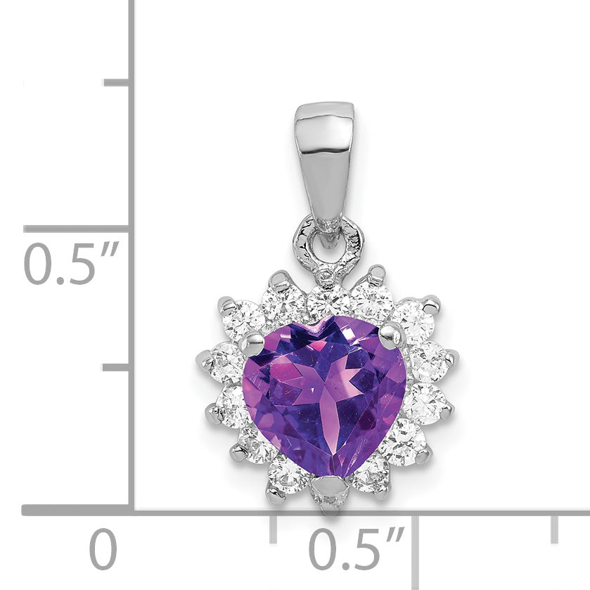 Sterling Silver Rhodium-Plated Amethyst Heart Pendant with CZ Accents – Polished Finish