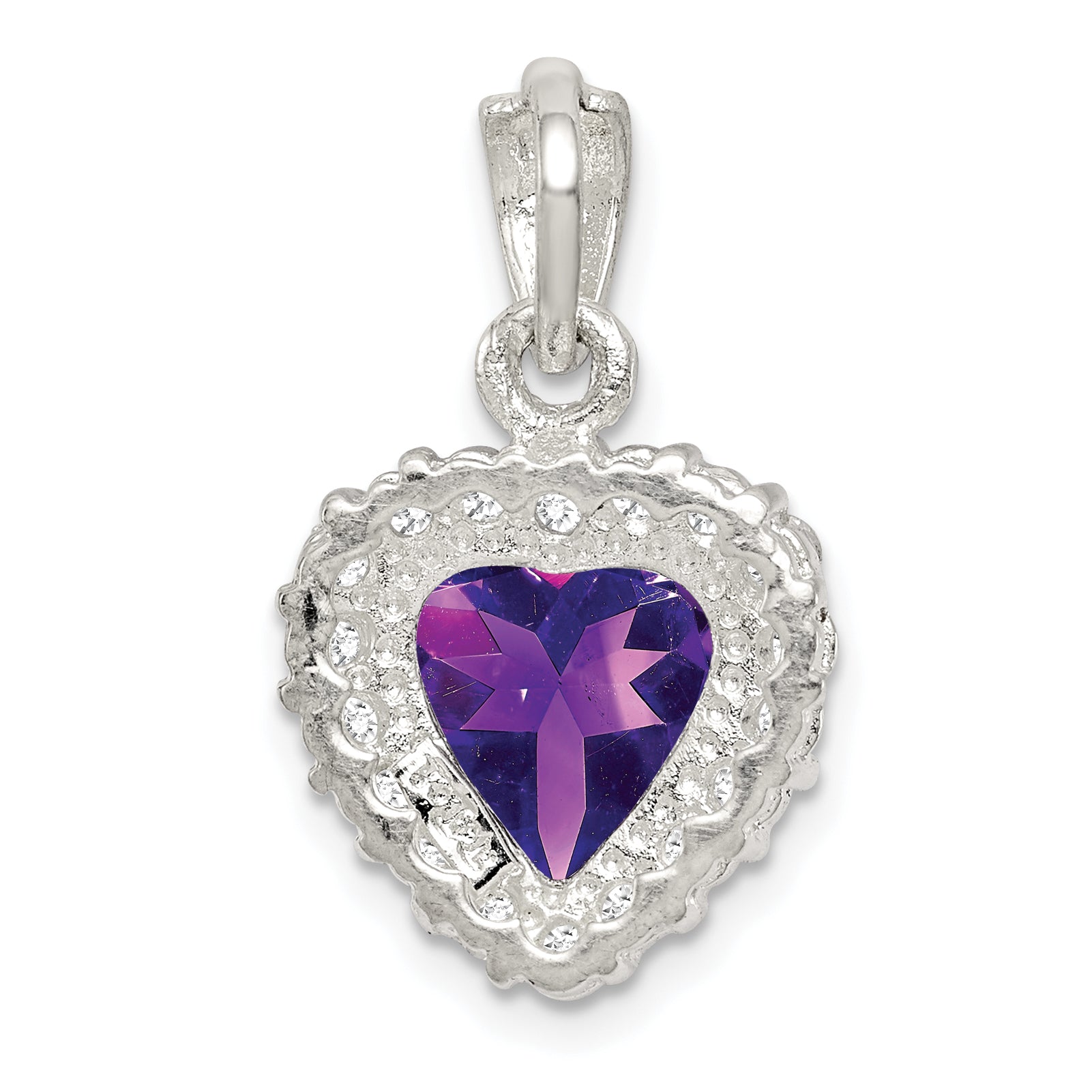 Sterling Silver Rhodium-Plated Amethyst & CZ Pendant with Heart Design