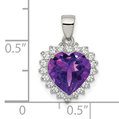 Sterling Silver Rhodium-Plated Amethyst & CZ Pendant with Heart Design