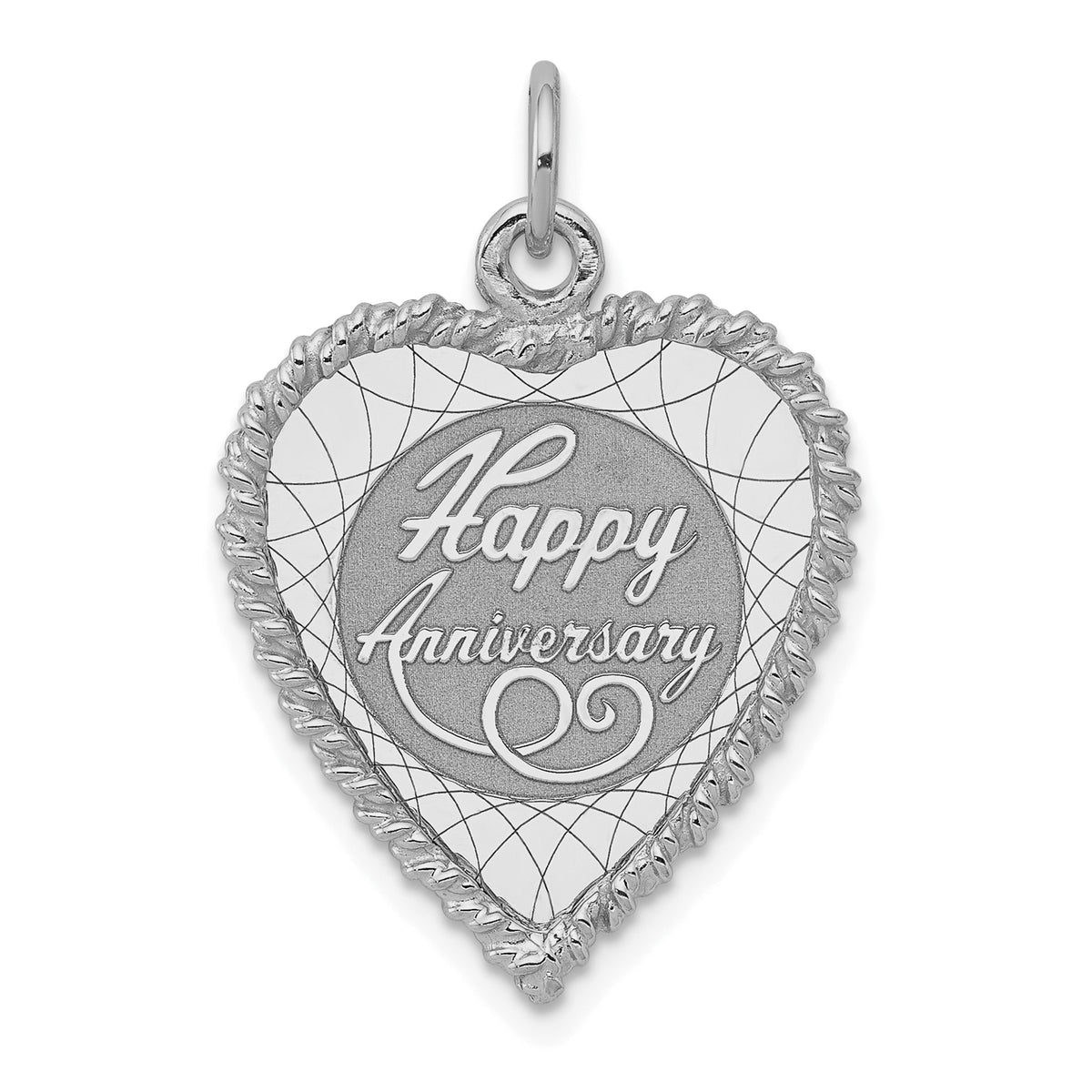 SS Rh-plt Happy Anniversary Polished Front/Satin Back Disc Charm