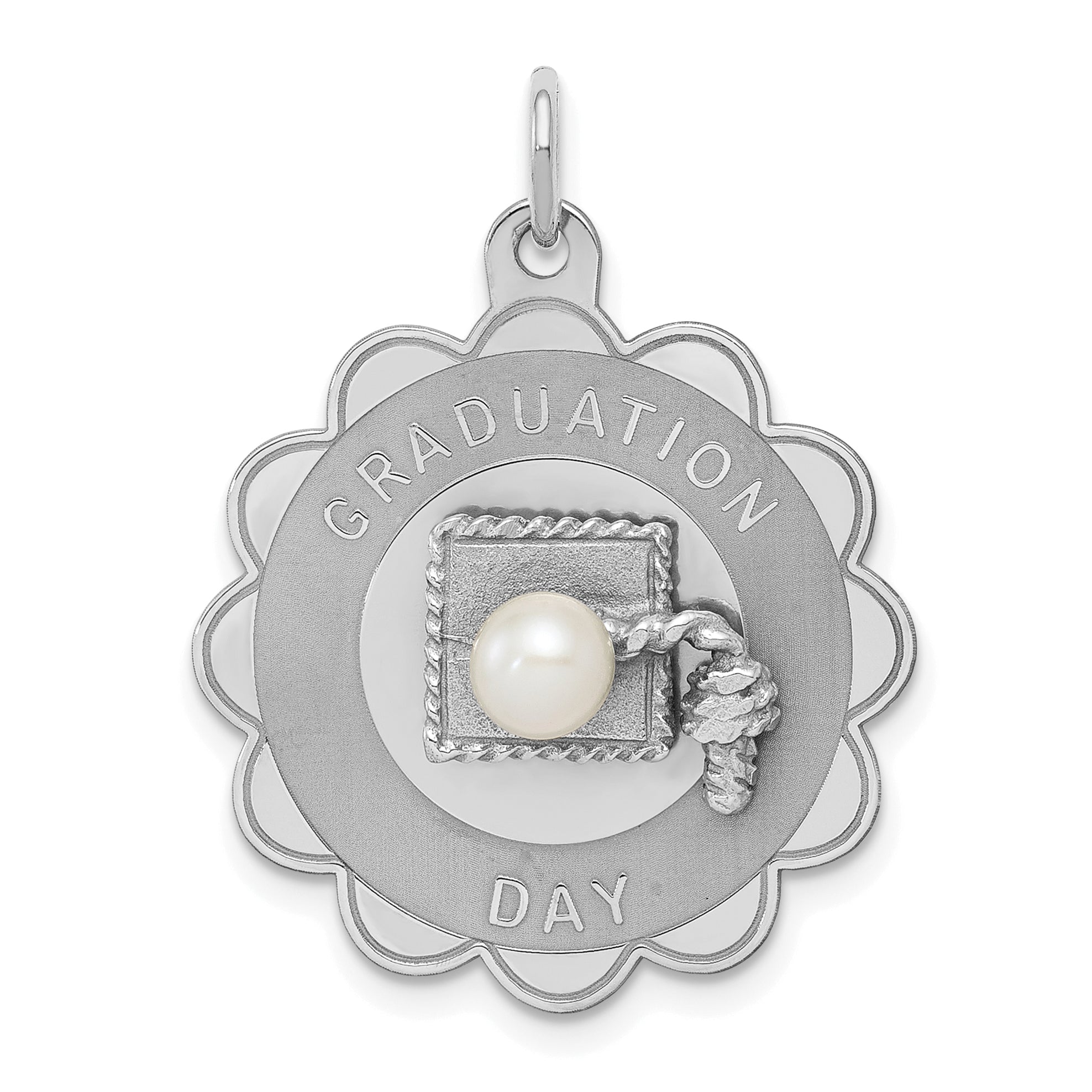 Sterling Silver Rhodium Graduation Day Disc with FW Cultured Pearl Charm