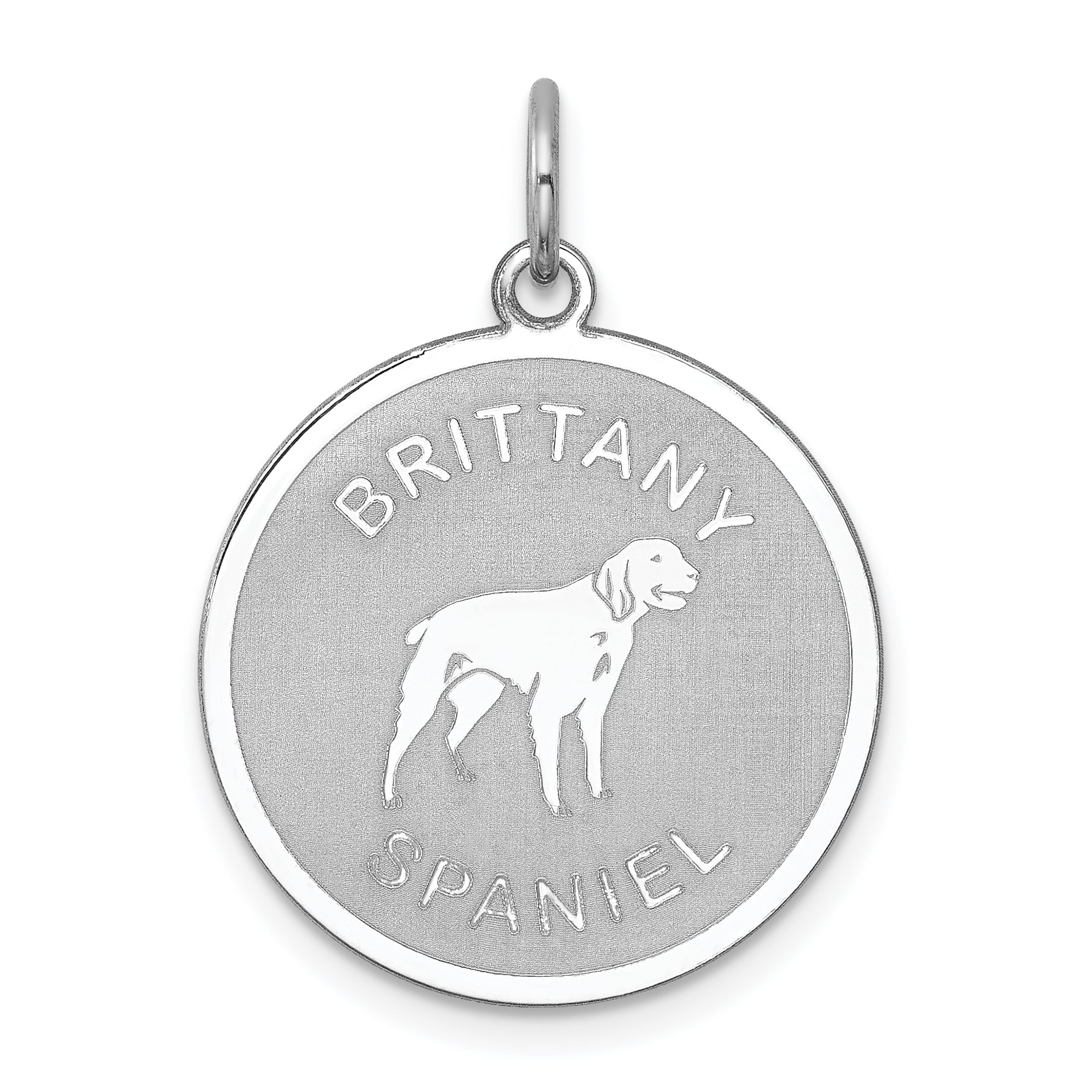 Sterling Silver Rhodium-plated Brittany Spaniel Disc Charm