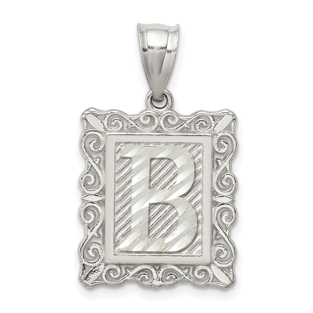 Sterling Silver Square Diamond-cut Letter B Initial Pendant