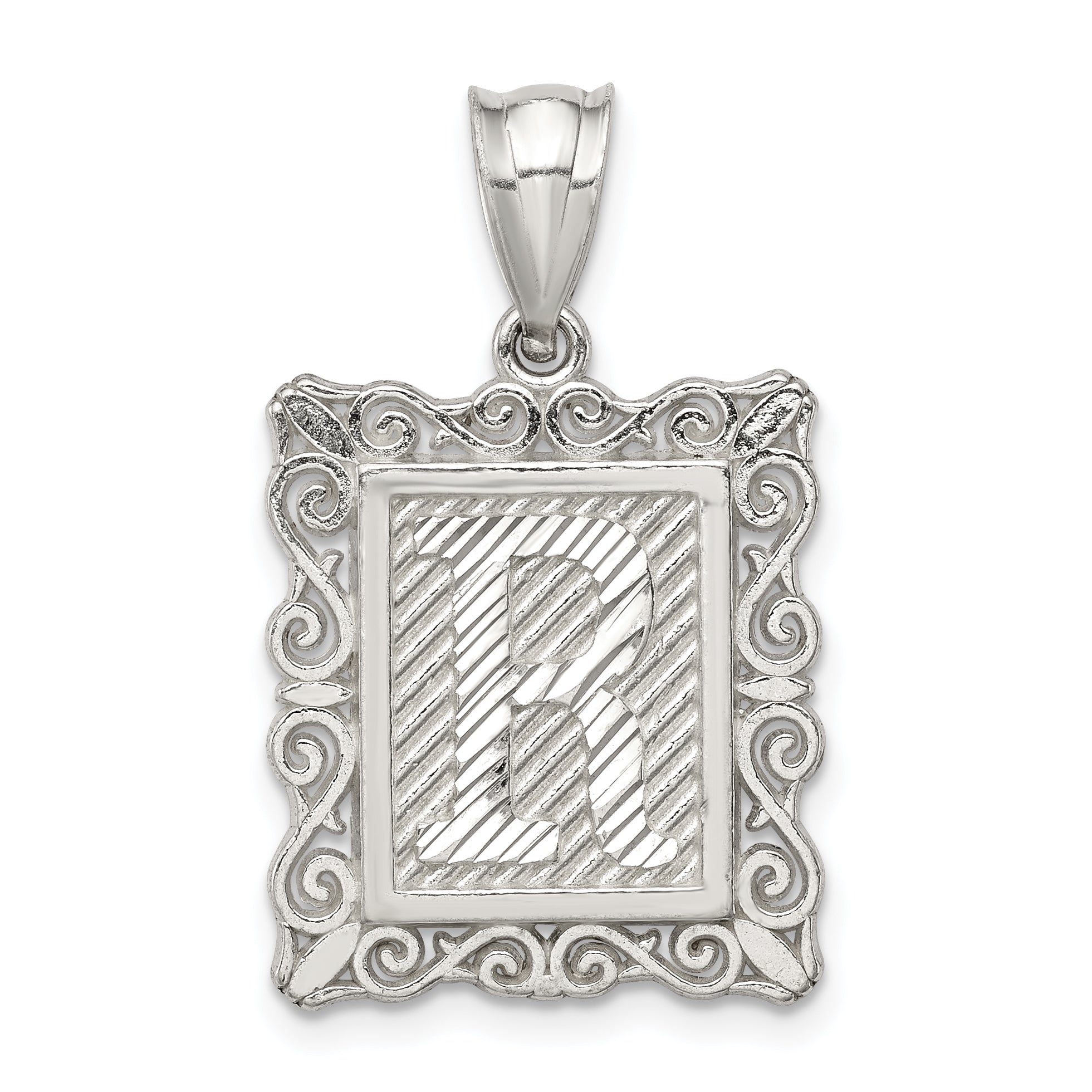 Sterling Silver Square Diamond-cut Letter R Initial Pendant