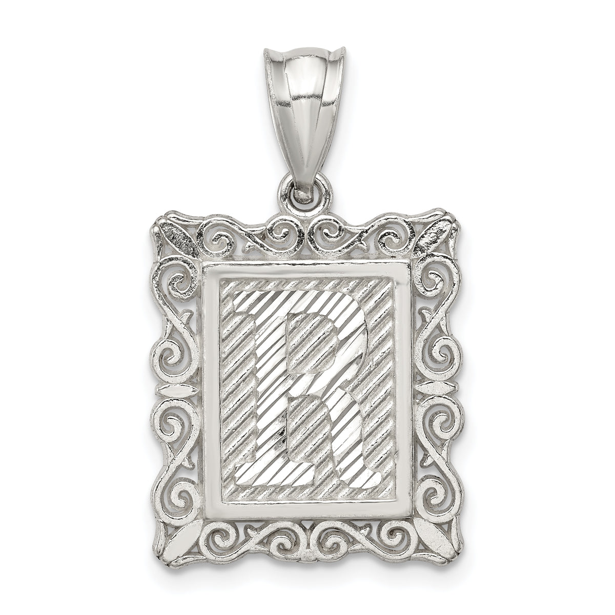 Sterling Silver Square Diamond-cut Letter R Initial Pendant